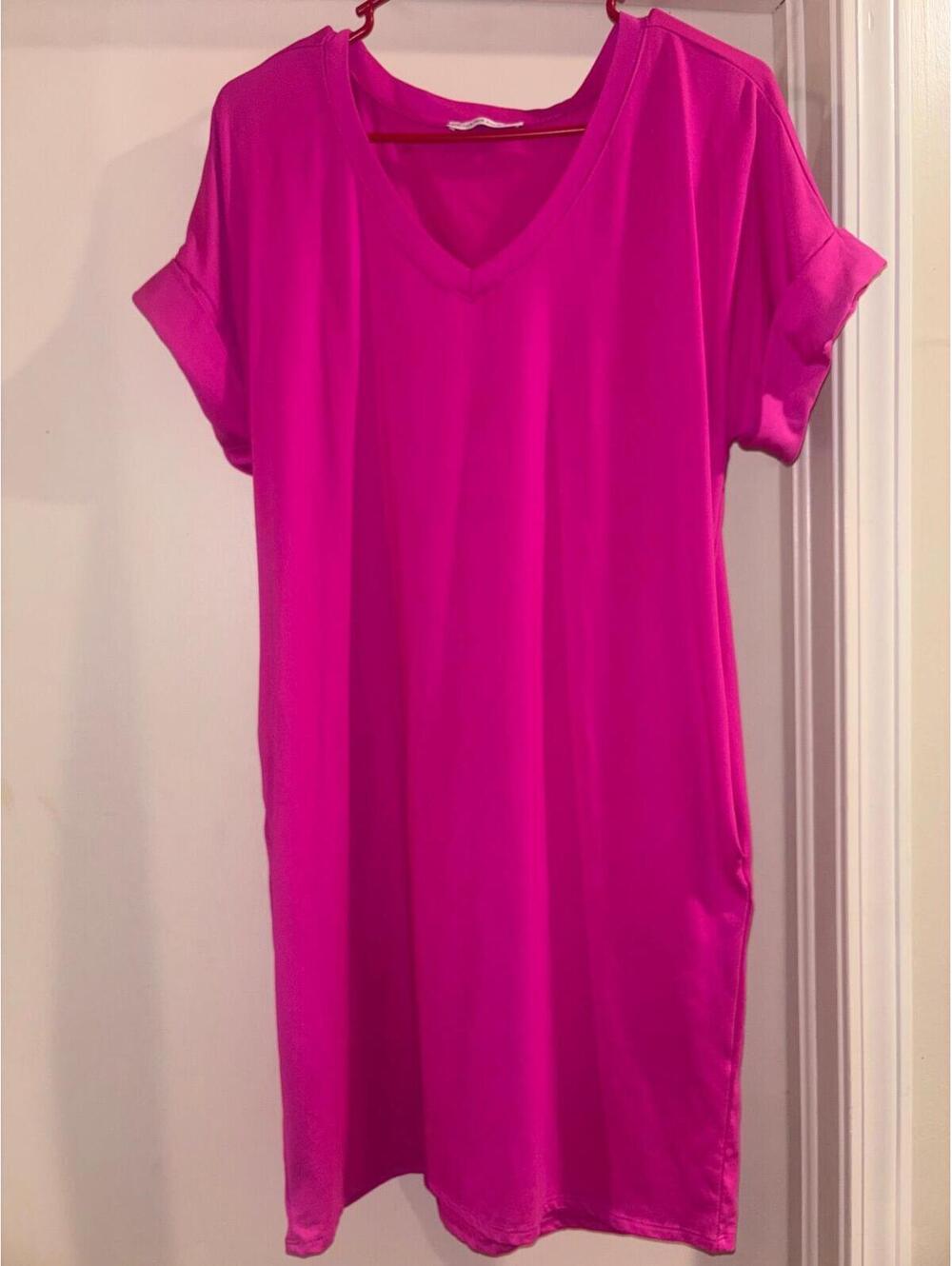 Zenana Hot Pink V-Neck T-Shirt Dress Small